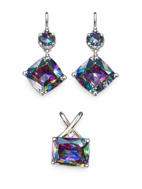 Mystic Rainbow Topaz Alexandrite Style Jewelry Set Earrings Pendant Iridescent